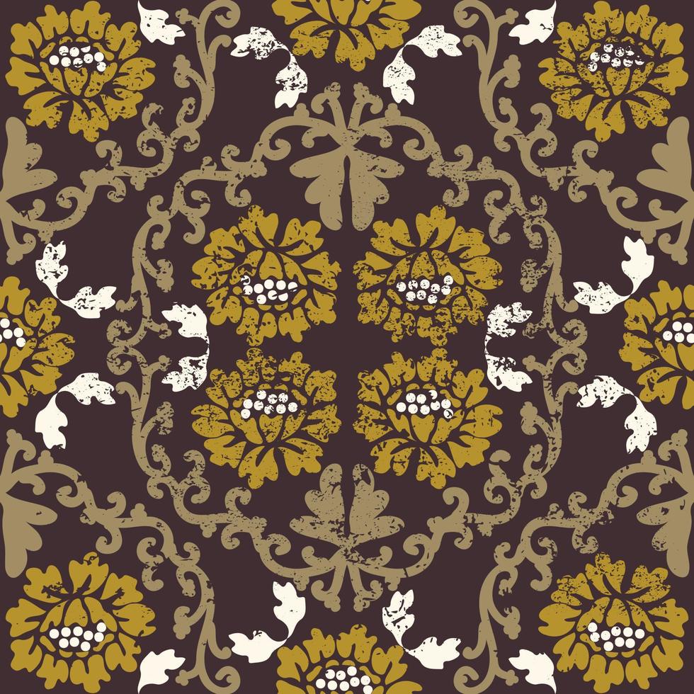 Vintage baroque texture pattern with grunge. Seamless shabby vector damask pattern. Brown, gold, white. For textiles, wallpaper, tiles or packaging.