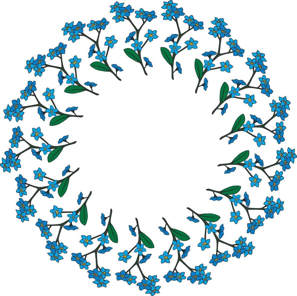 Round frame with  vertical  blue flowers forget-me-not. Isolated wreath on white background for your design. vector