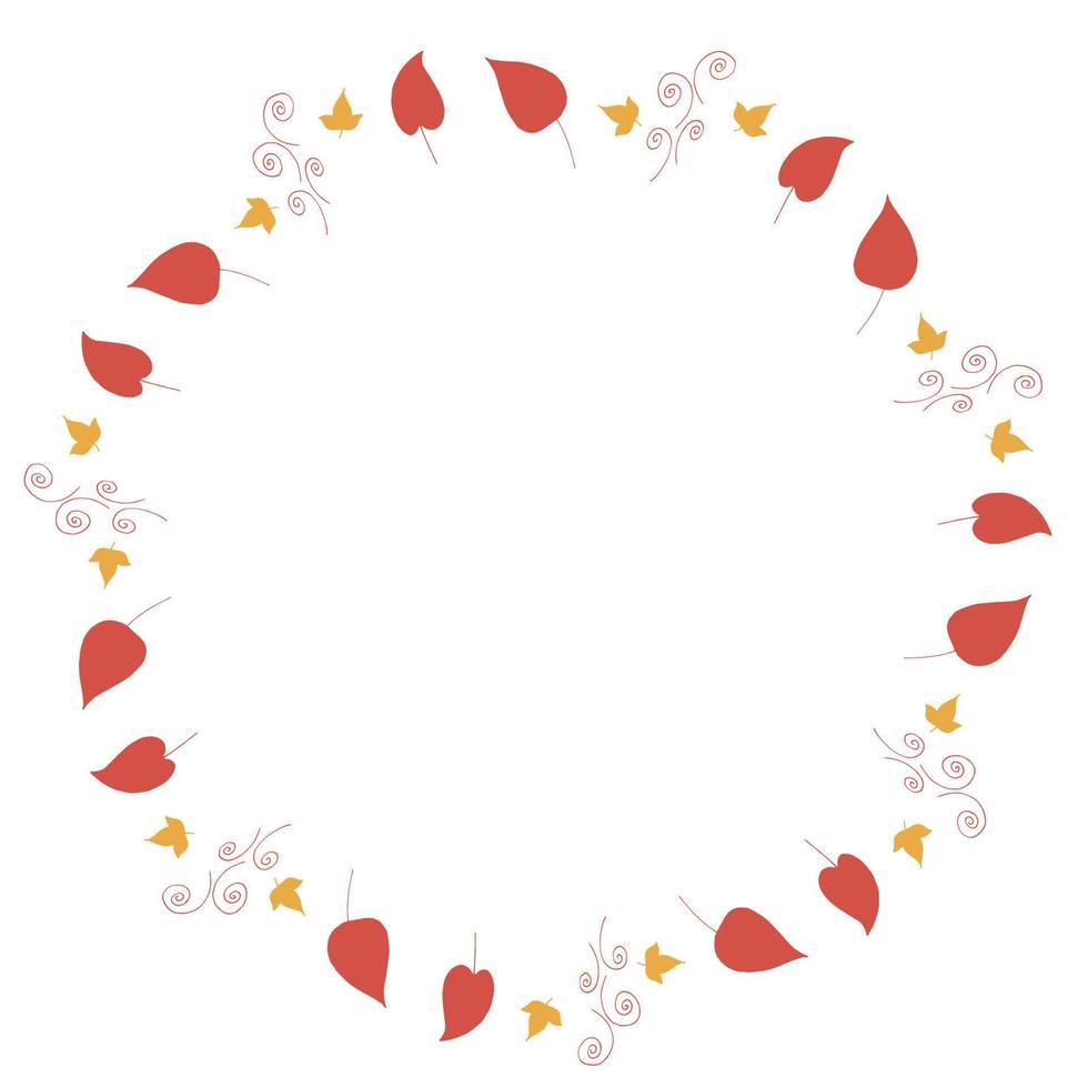 Round frame with big red leaves, little yellow leaves and decorative elements on white background. Isolated wreath for your design. vector