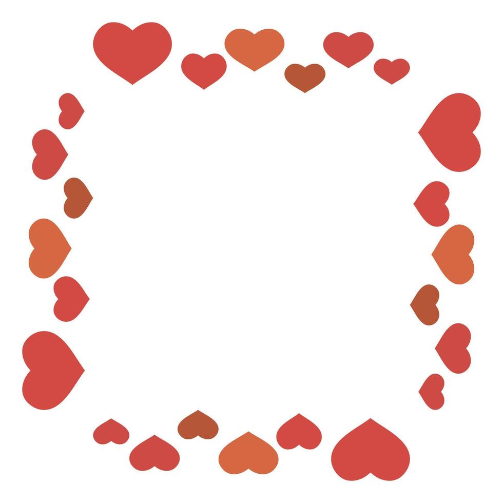 Square frame in cozy simple red and orange hearts on white background for your design. Vector image.