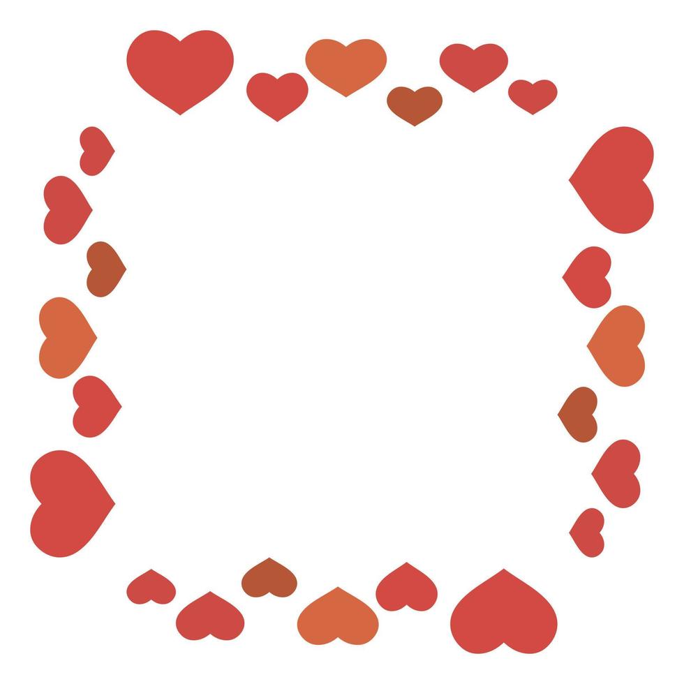 Square frame in cozy simple red and orange hearts on white background for your design. Vector image.