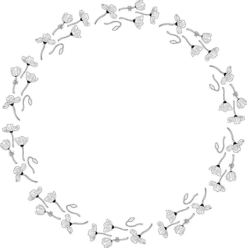 Round frame of horizontal lovely black and white poppies on white background. Isolated frame for your design. vector