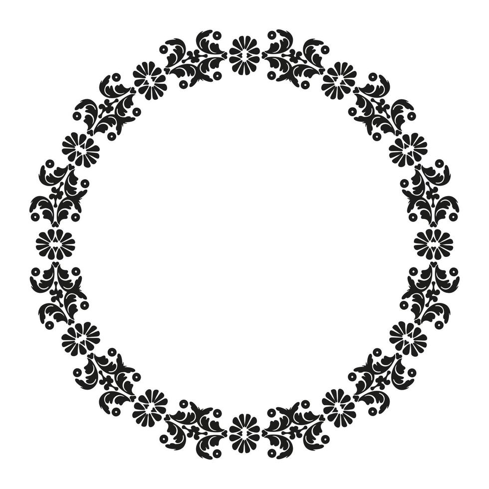 patrón circular de damasco. marco con elementos florales vintage decorativos. en blanco y negro. marco de la vendimia vector