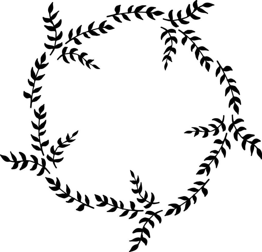 Round frame of stylish decorative black branches on white background. Isolated vector frame for your design.