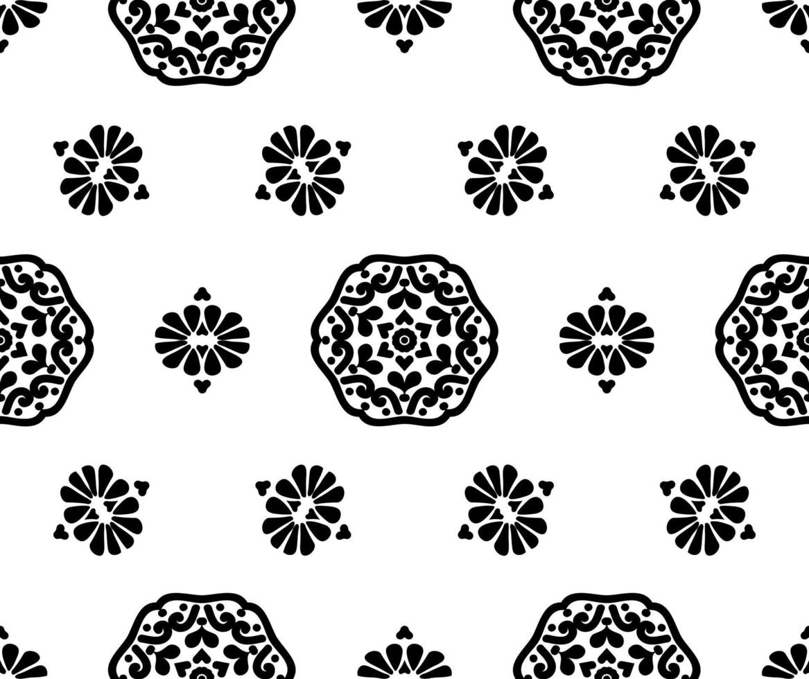 Black mandala and flowers on a white background. Abstract seamless floral pattern. Decorative texture. Black and white. For fabric, wallpaper, venetian pattern,textile, packaging. vector