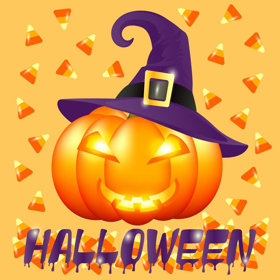 Orange bright lantern pumpkin in a purple witch hat with sweets and the inscription Halloween. Halloween poster, great design for any purposes. Flyer design. Cartoon illustration. Vector graphic.