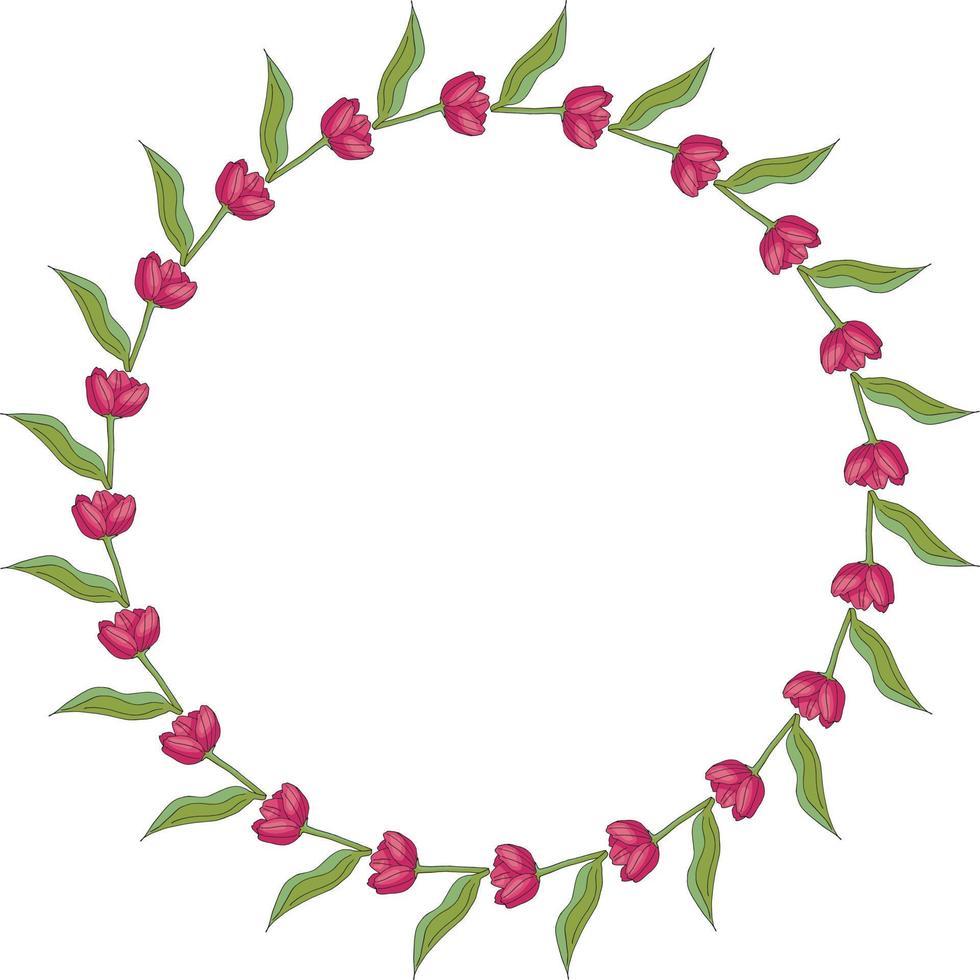 Round frame with horizontal blooming pink tulips on white background. Isolated frame of flowers for your design. vector