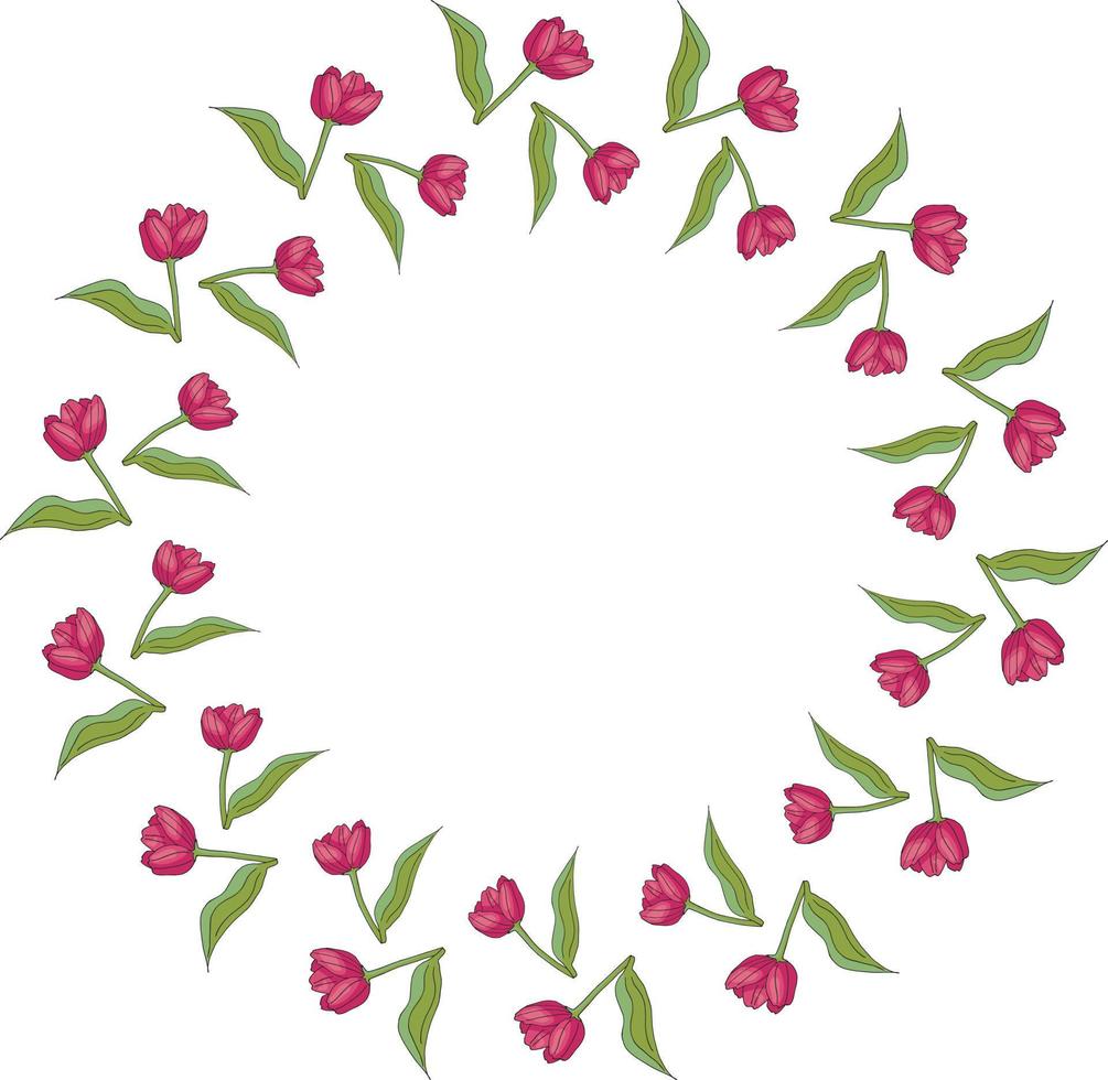 Round frame with cozy horizontal blooming pink tulips on white background. Isolated frame of flowers for your design. vector