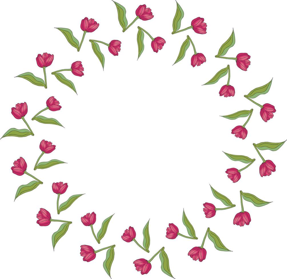 Round frame with cozy horizontal blooming pink tulips on white background. Isolated frame of flowers for your design. vector