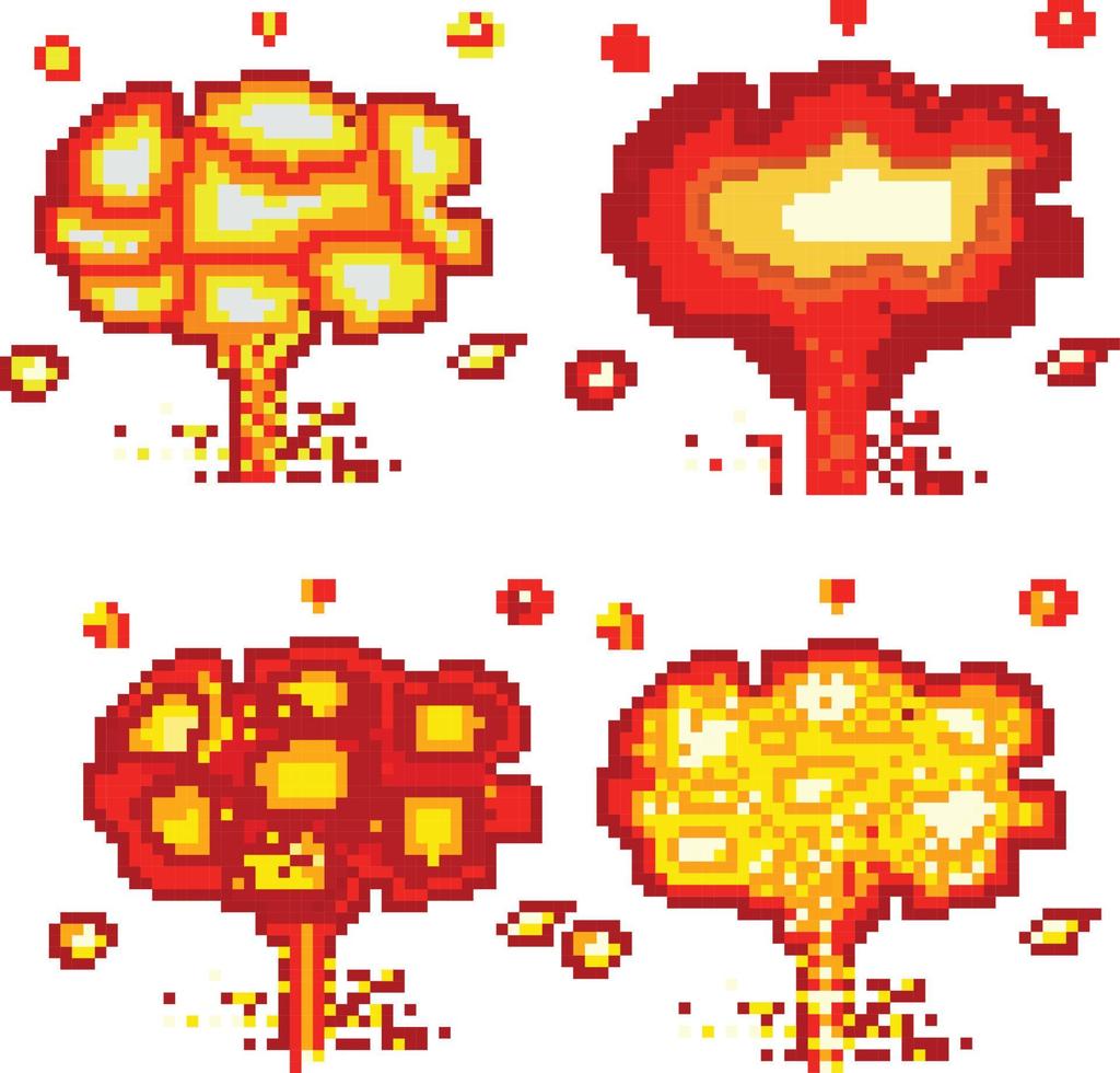 Printexplosion pixel art, Video game explosion animation flame pixel art. vector