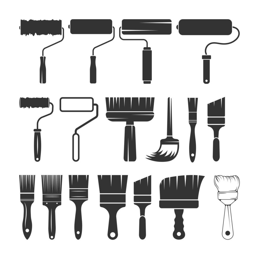 House Painter Brush Vector And Clip art Collection, Creative And Hi-Quality Brush And Painter Brush Set With Black Colour And White Background.