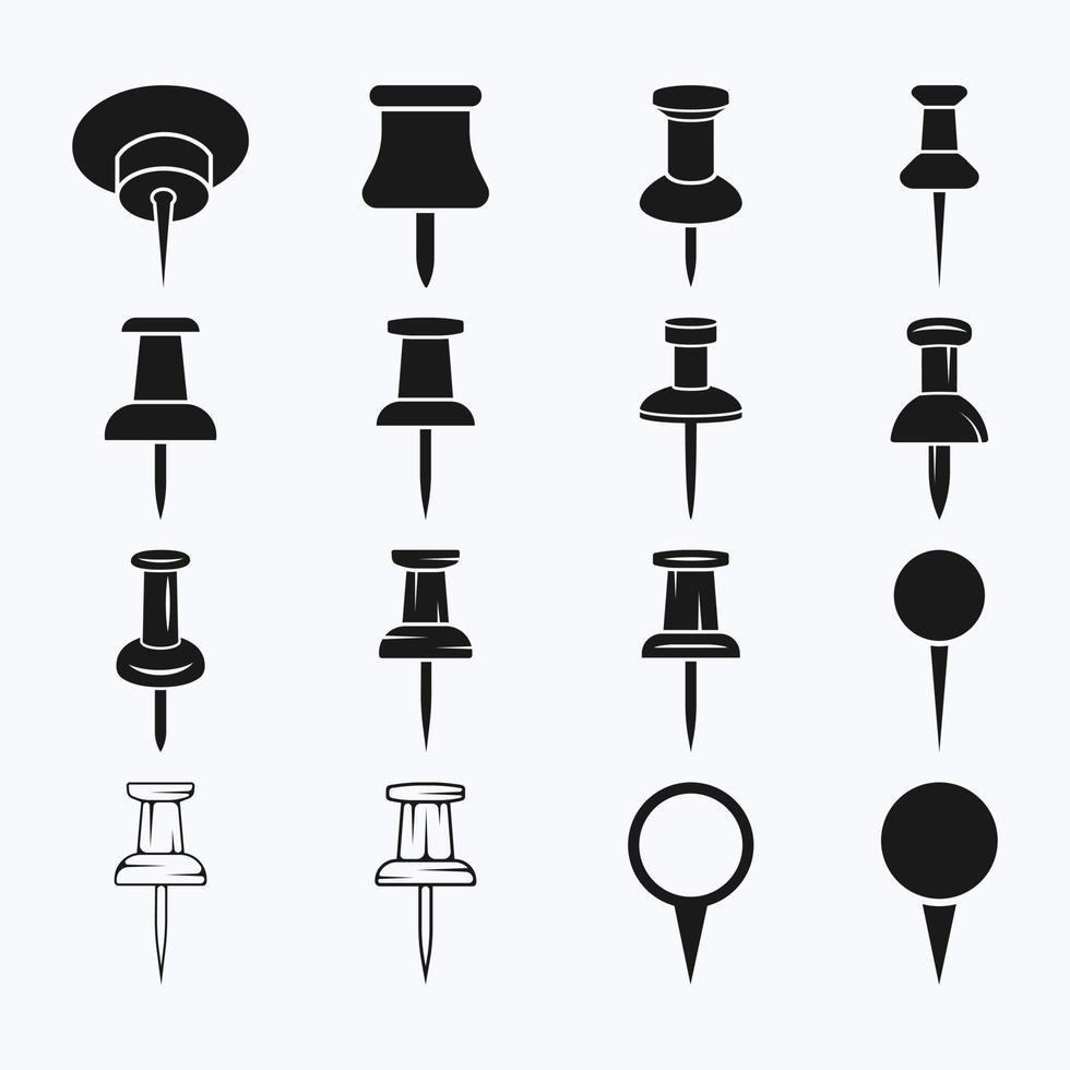 Push Pin Clip Art Black Color Huge Collection, Creative Concept And White Background. vector