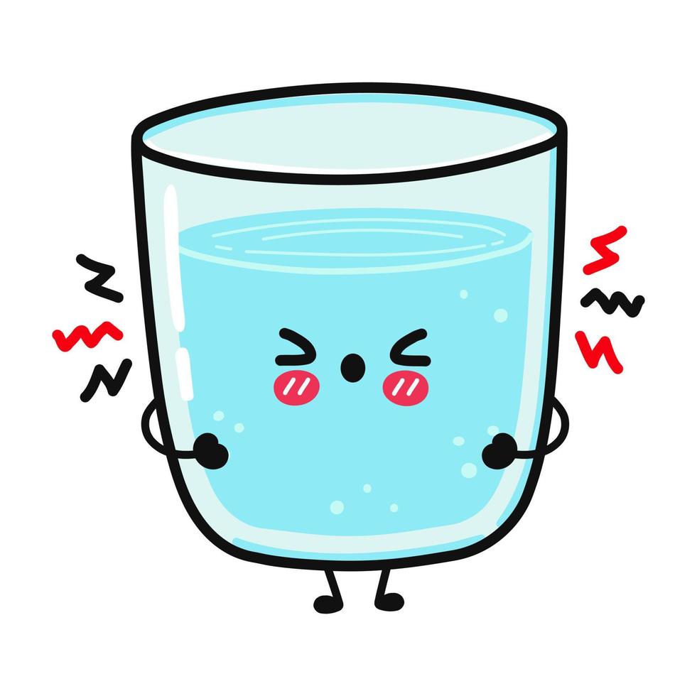 Cute angry glass of water character. Vector hand drawn cartoon kawaii character illustration icon. Isolated on white background. Sad glass of water character concept