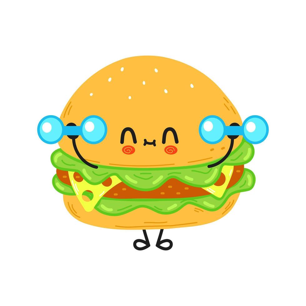 Cute funny hamburger with dumbbells. Vector hand drawn cartoon kawaii character illustration icon. Isolated on white background. Hamburger gym concept