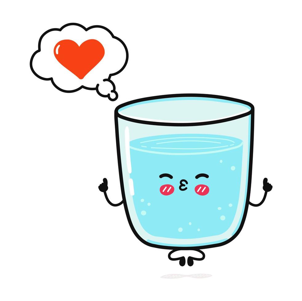 Cute funny glass of water doing yoga with speech bubble. Vector hand drawn cartoon kawaii character illustration icon. Isolated on white background. Glass of water in love character concept