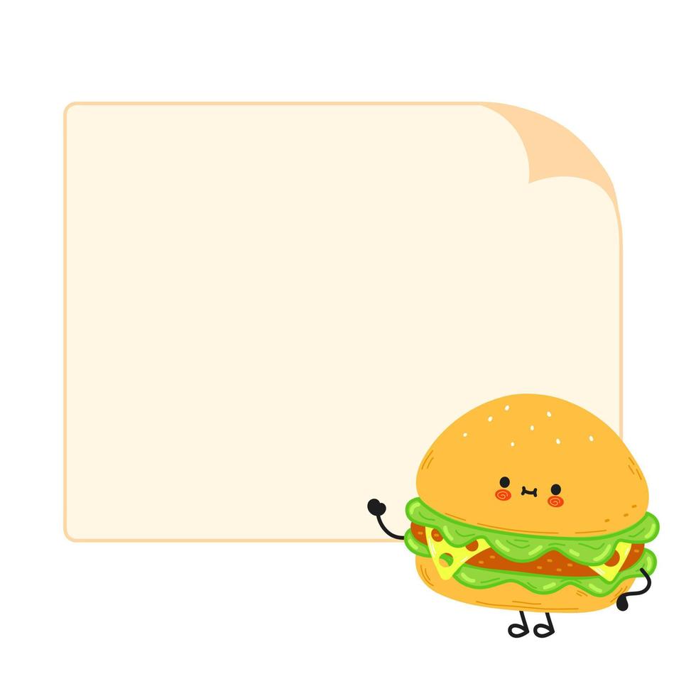 Cute funny hamburger character with speech bubble. Vector hand drawn cartoon kawaii character illustration icon. Isolated on white background. Hamburger character concept