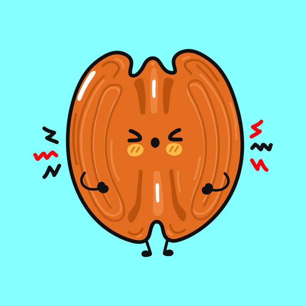 Cute angry Pecan character. Vector hand drawn cartoon kawaii character illustration icon. Isolated on green background. Sad Pecan character concept
