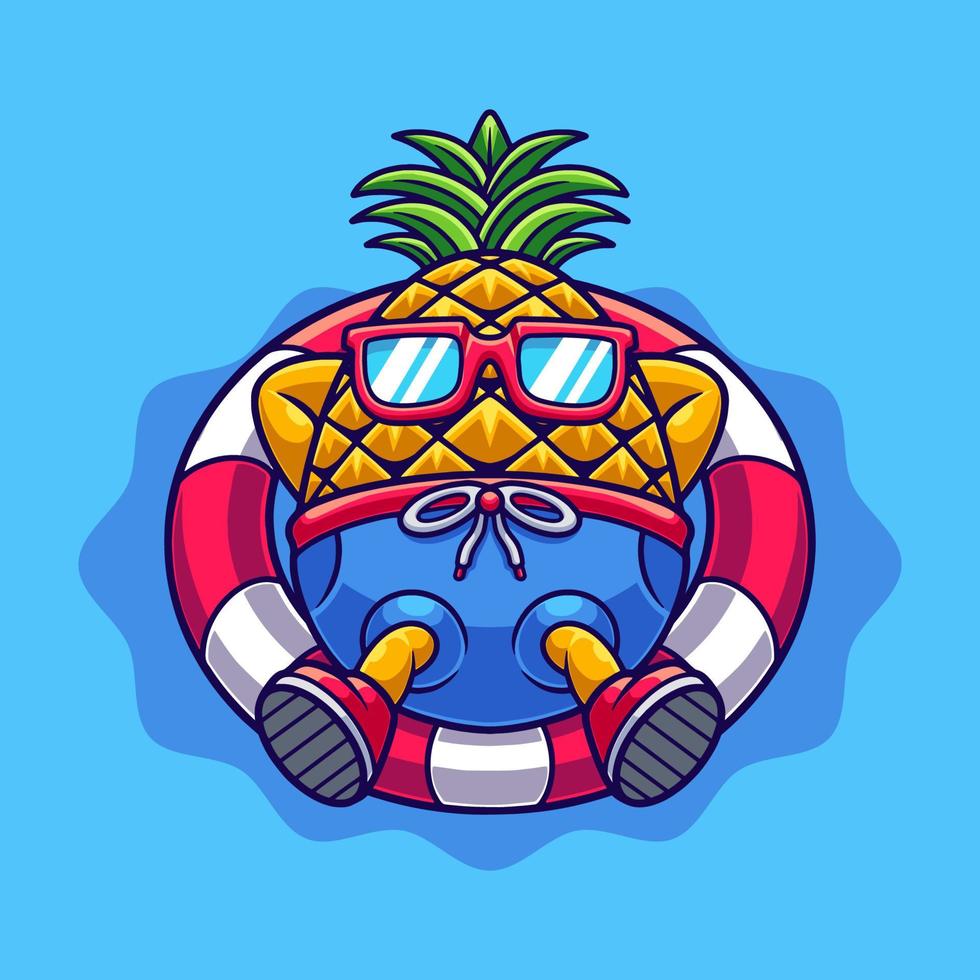 Cute Pineapple Illustration Chill On Swimming Pool with Glasses vector