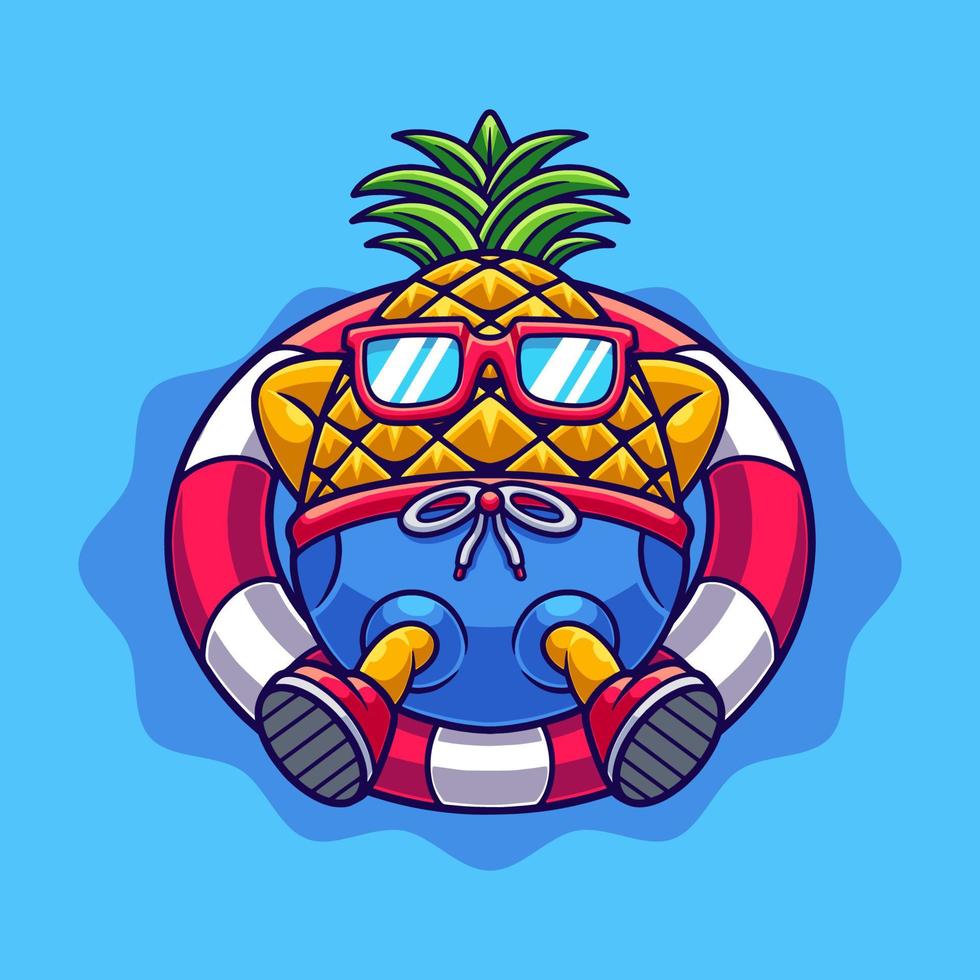 Cute Pineapple Illustration Chill On Swimming Pool with Glasses vector