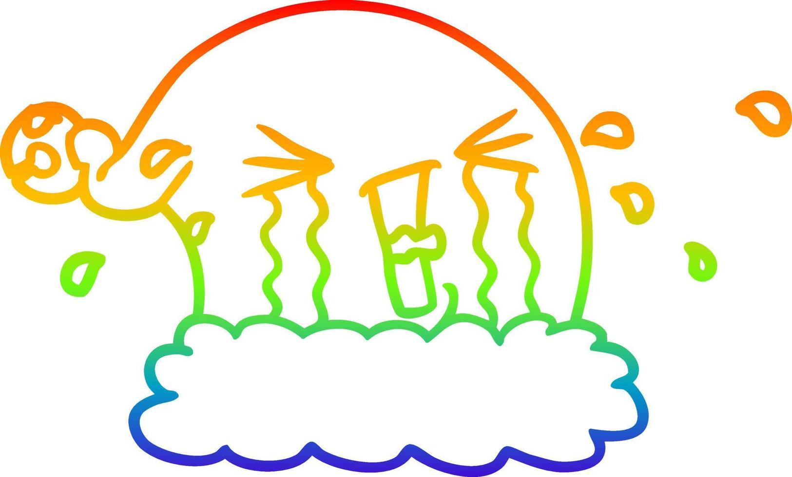 dibujo de línea de gradiente de arco iris sombrero de navidad de dibujos animados llorando vector