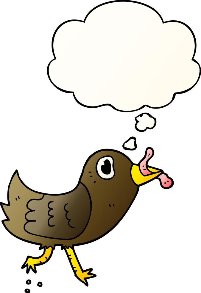 pájaro de dibujos animados con gusano y burbuja de pensamiento en estilo degradado suave vector