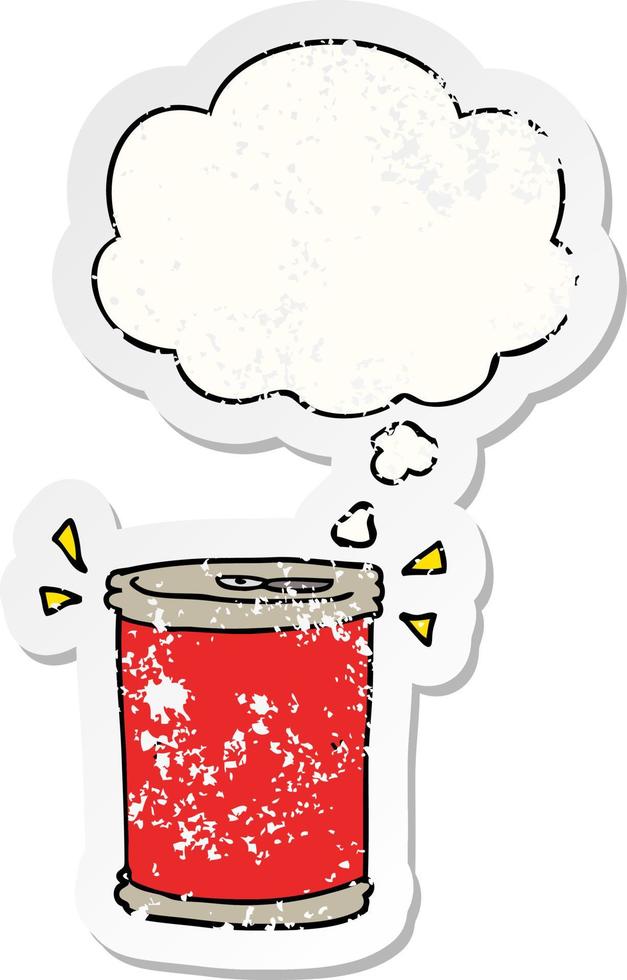 cartoon soda can and thought bubble as a distressed worn sticker vector