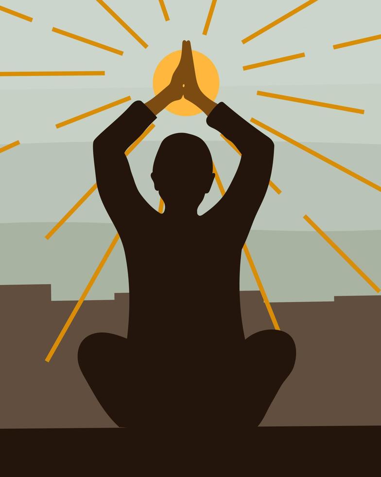 Person meditating in the city and worshiping the sun. vector