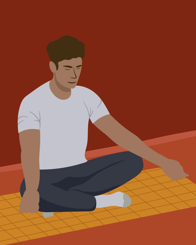 Boy meditating sitting on a yoga mat. vector