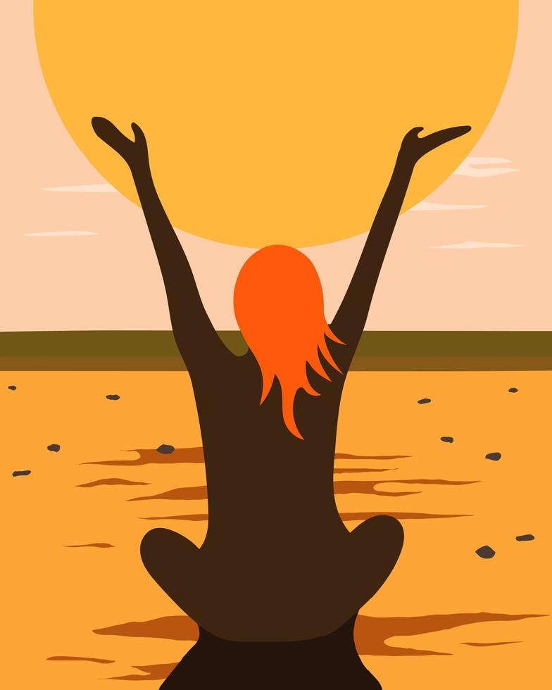 mujer adorando el sol al atardecer en la playa. vector