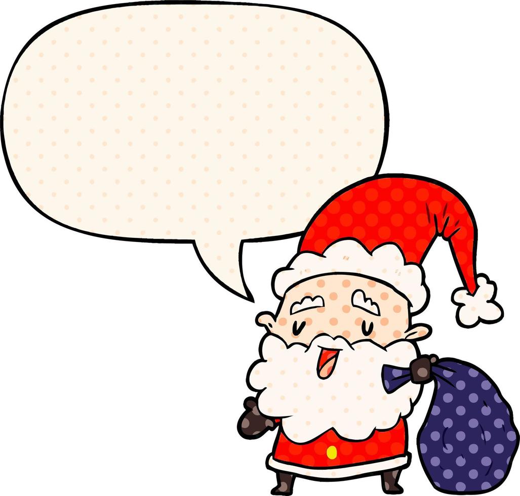 cartoon santa claus carrying sack of presents and speech bubble in comic book style vector