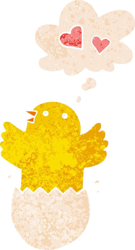 cute hatching chick cartoon and thought bubble in retro textured style vector