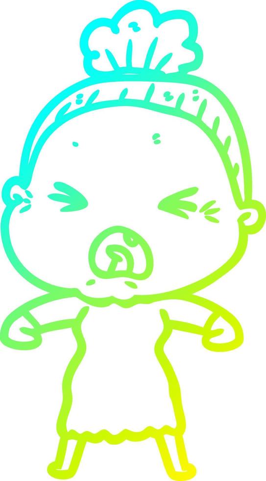 cold gradient line drawing cartoon angry old woman vector