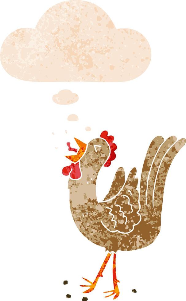 cartoon crowing cockerel and thought bubble in retro textured style vector
