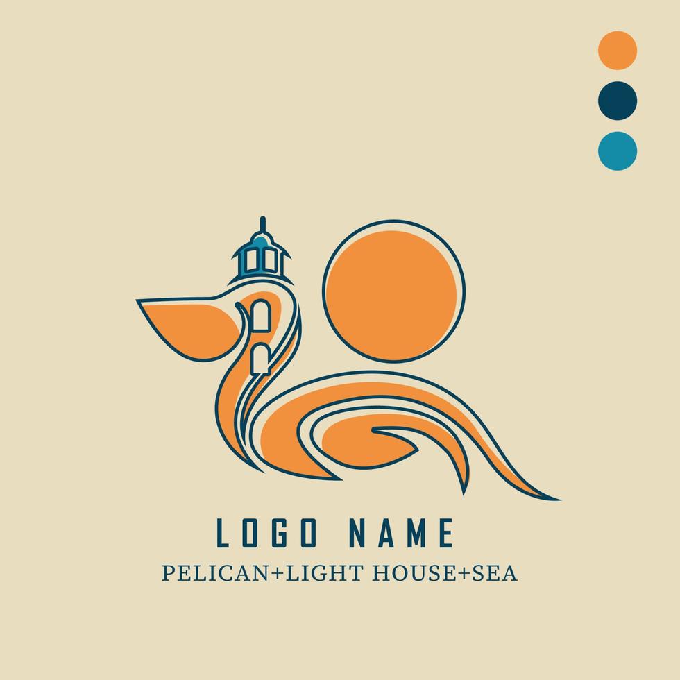 logo tamplate pelican with lighthouse and sea vector