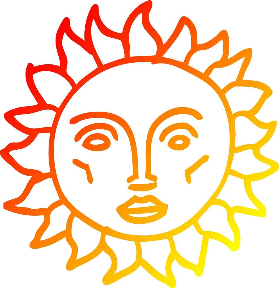 warm gradient line drawing cartoon traditional sun face vector