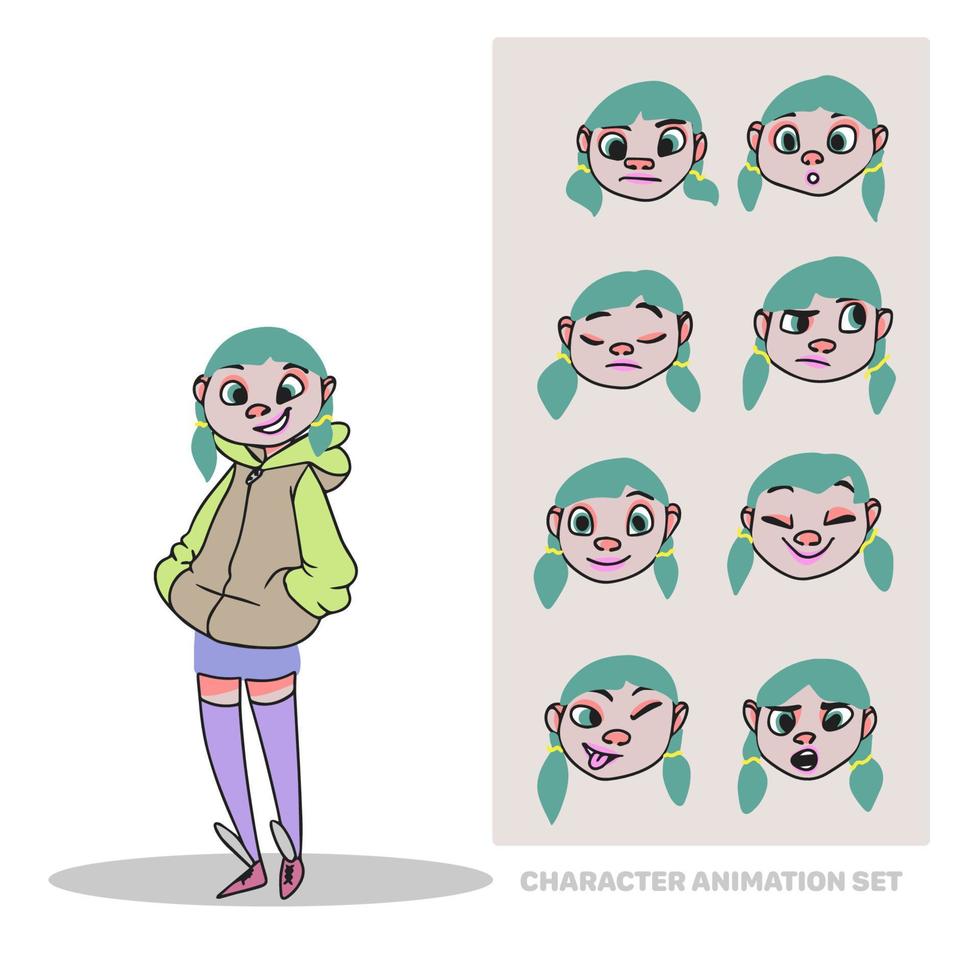 Character animation set, girl schoolgirl with ponytails, full length, creation of people with emotions, facial animation, doodle vector