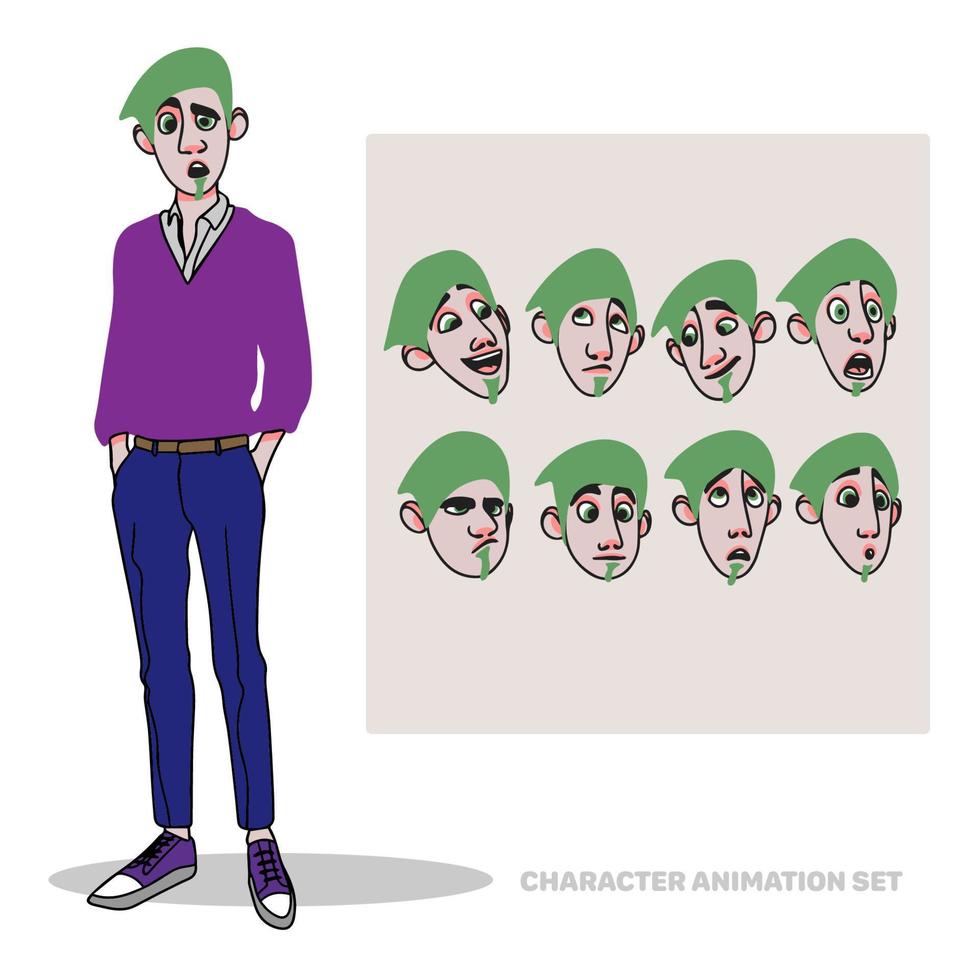 conjunto de animación de personajes, chico con barba, longitud completa, creación de personas con emociones, garabato vector