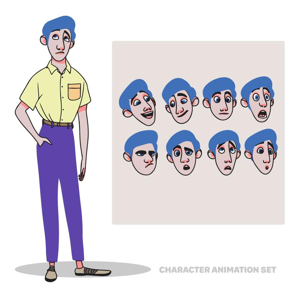 Character animation set, shirt guy, full length, people creation with emotions, facial animation, doodle vector