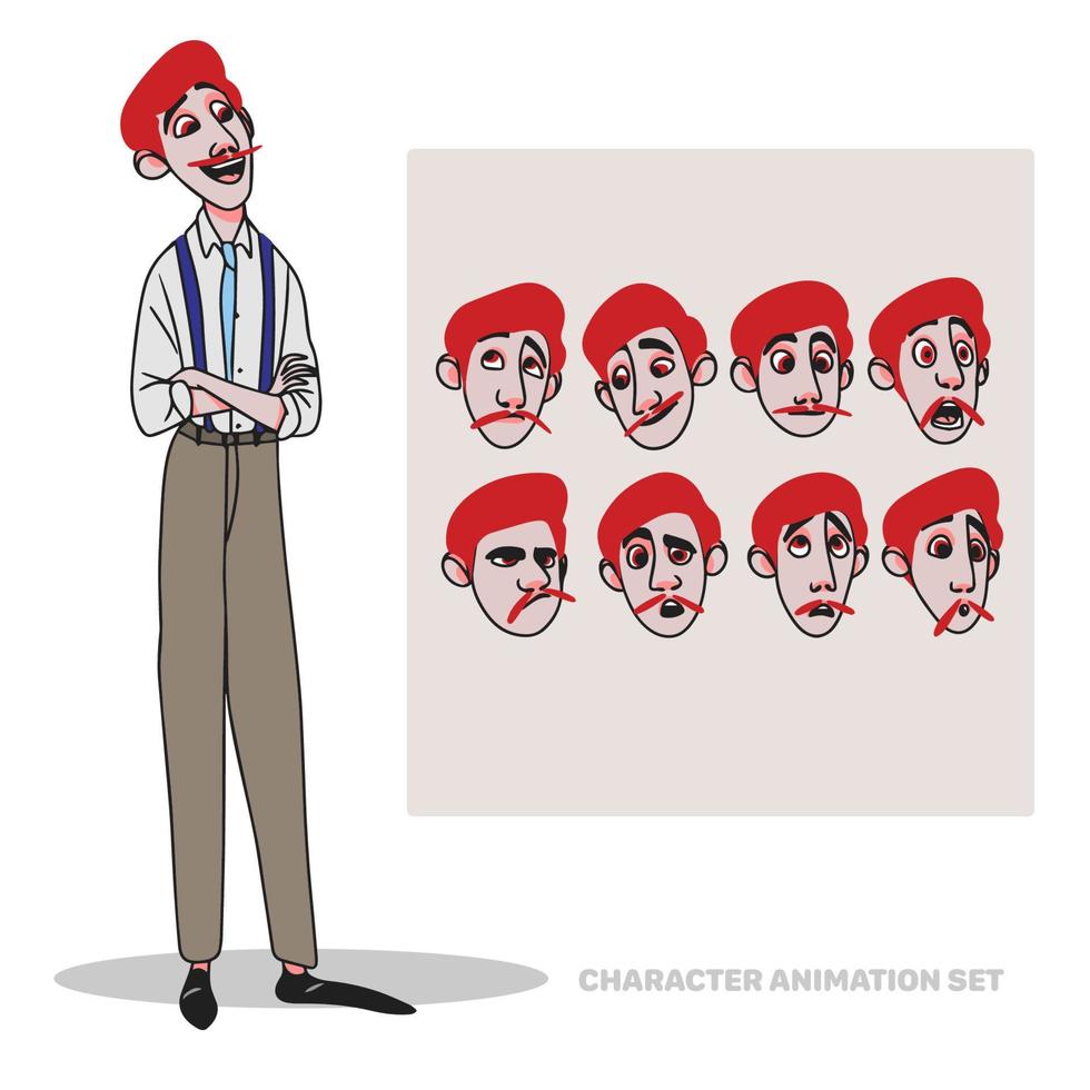 Character animation set, guy in tie, full length, people creation with emotions, face animation, doodle vector