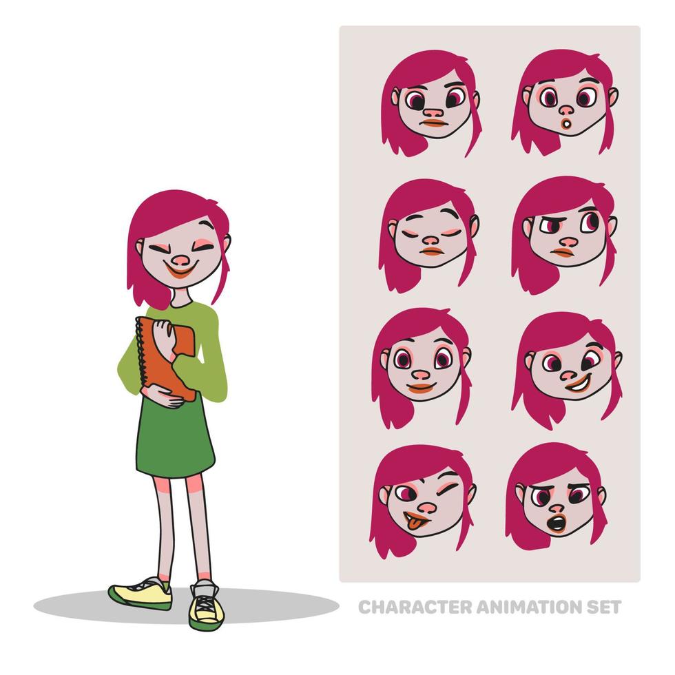 conjunto de animación de personajes, colegiala con cuaderno en las manos, longitud completa, creación de personas con emociones, animación facial, garabato vector