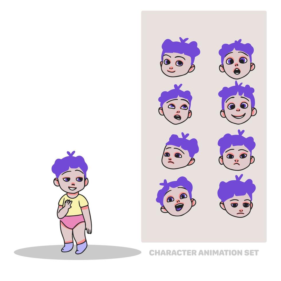 Character animation set, little girl, baby, full length, people creation with emotions, doodle vector