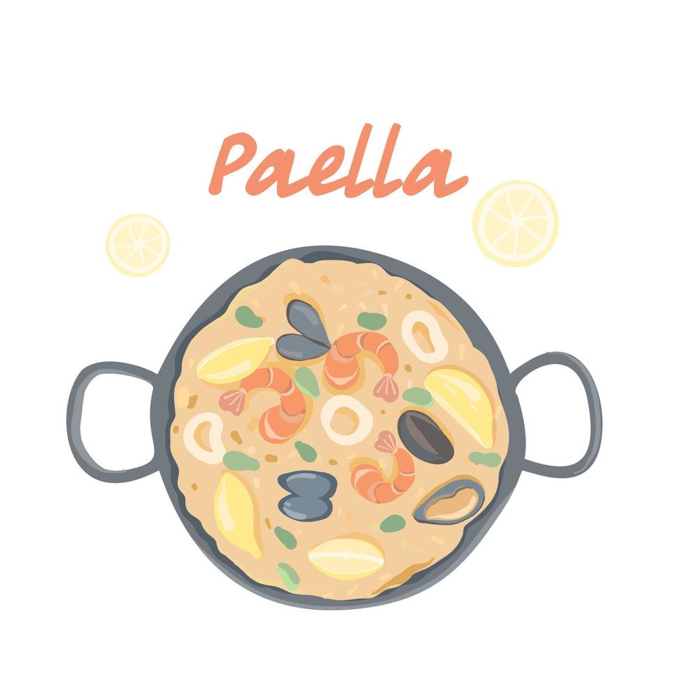 Paella illustration. Traditional Spanish cuisine. Seafood in paella. vector