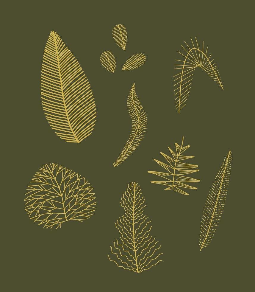 Vector set Golden hand drawn leaves. Stylized plants on a dark background for wedding design, cards