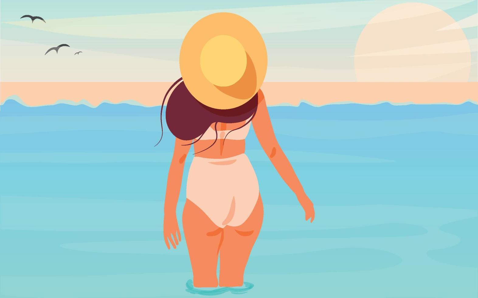 A beautiful girl swims in the sea.Young lady,girl in bikini and hat on the beach. Vector illustration