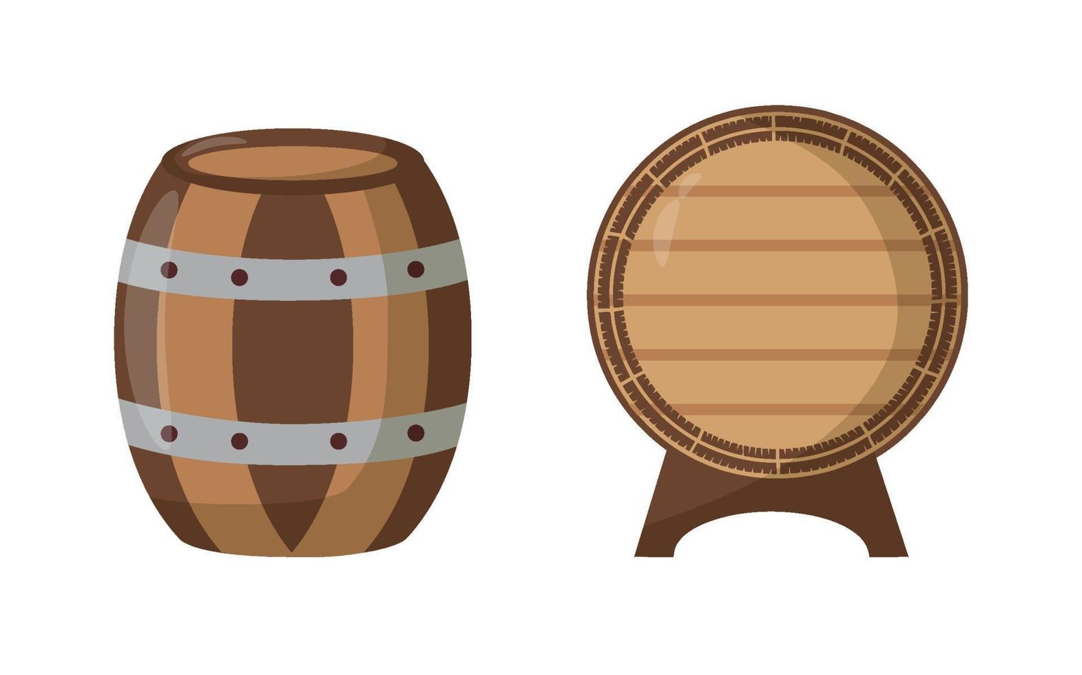 Alcohol barrels. Front view of wooden barrels with containers for rum bar. Vector illustration