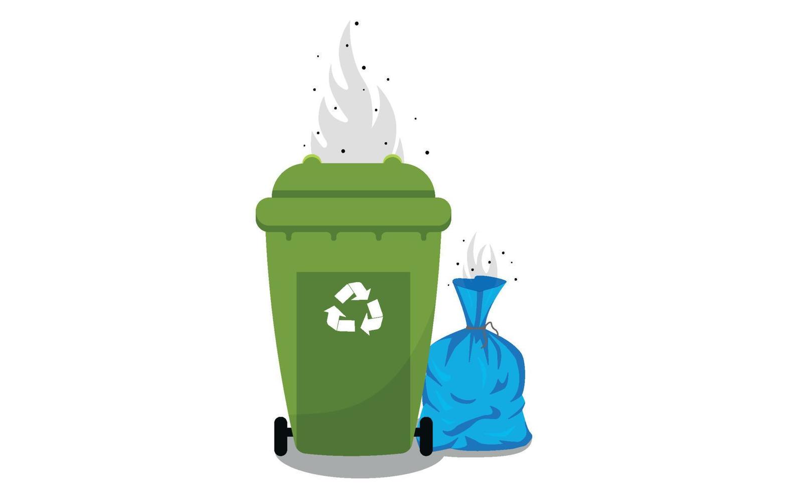 Trash can with piles of garbage. Bad smell and insects. Isolated on