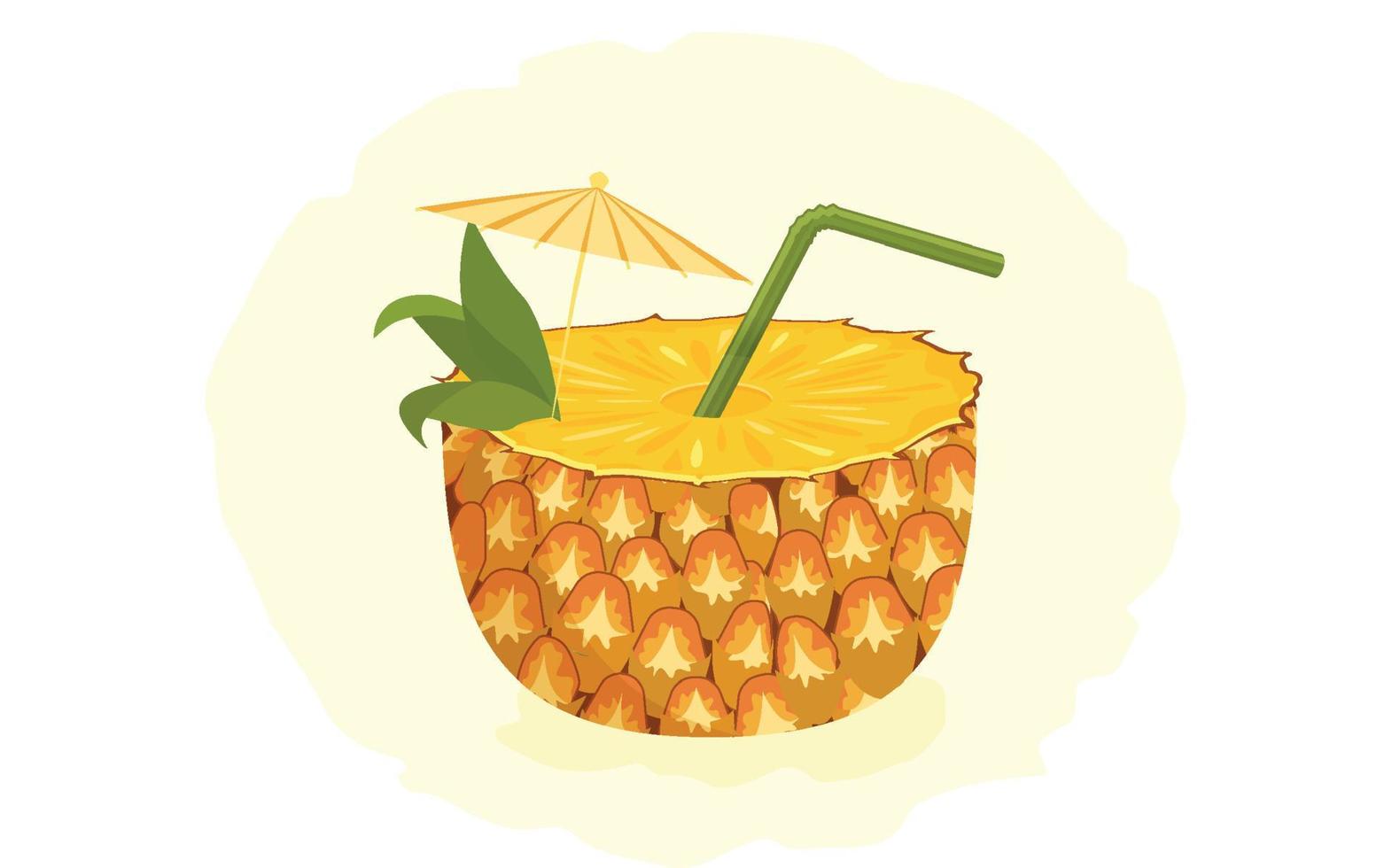 Pineapple cocktail decorated, green straw tube and yellow umbrella isolated on background. Vector illustration