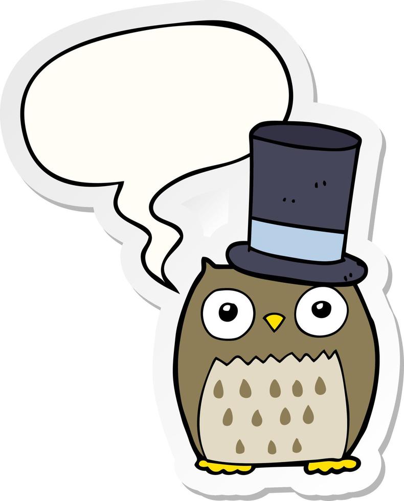 cartoon owl wearing top hat and speech bubble sticker vector