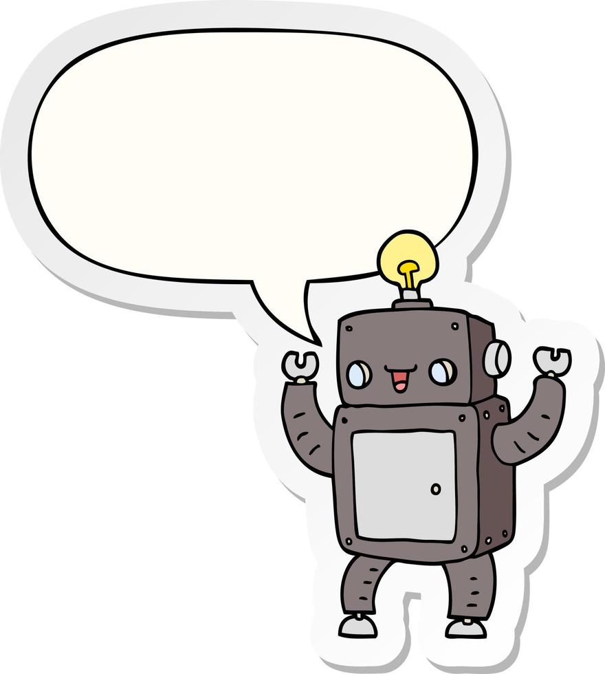 cartoon happy robot and speech bubble sticker vector