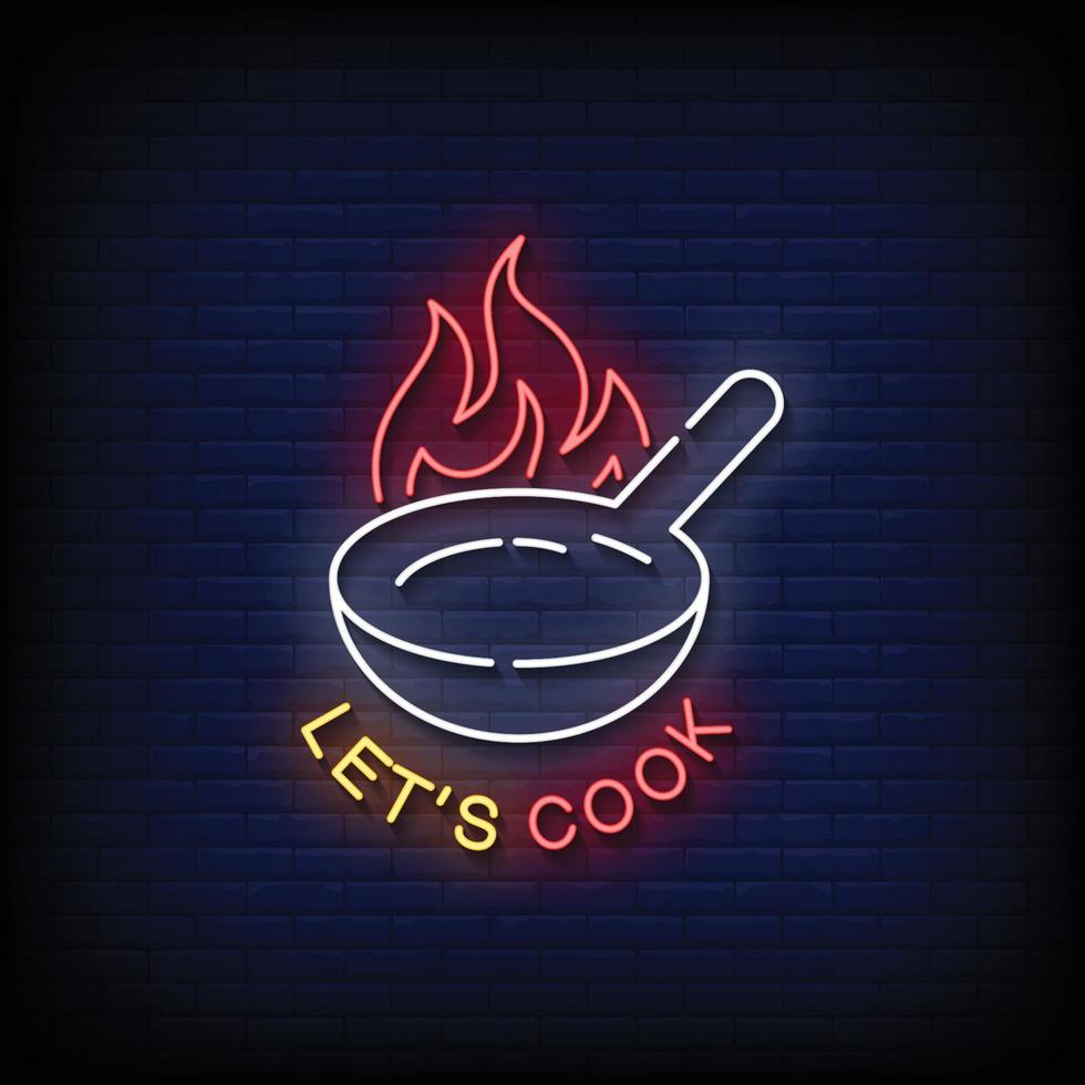 Neon Sign lets cook with Brick Wall Background Vector